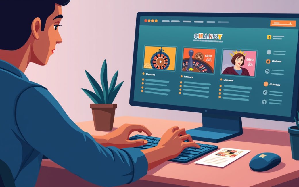 Person comparing casino license number on website to regulatory list on screen