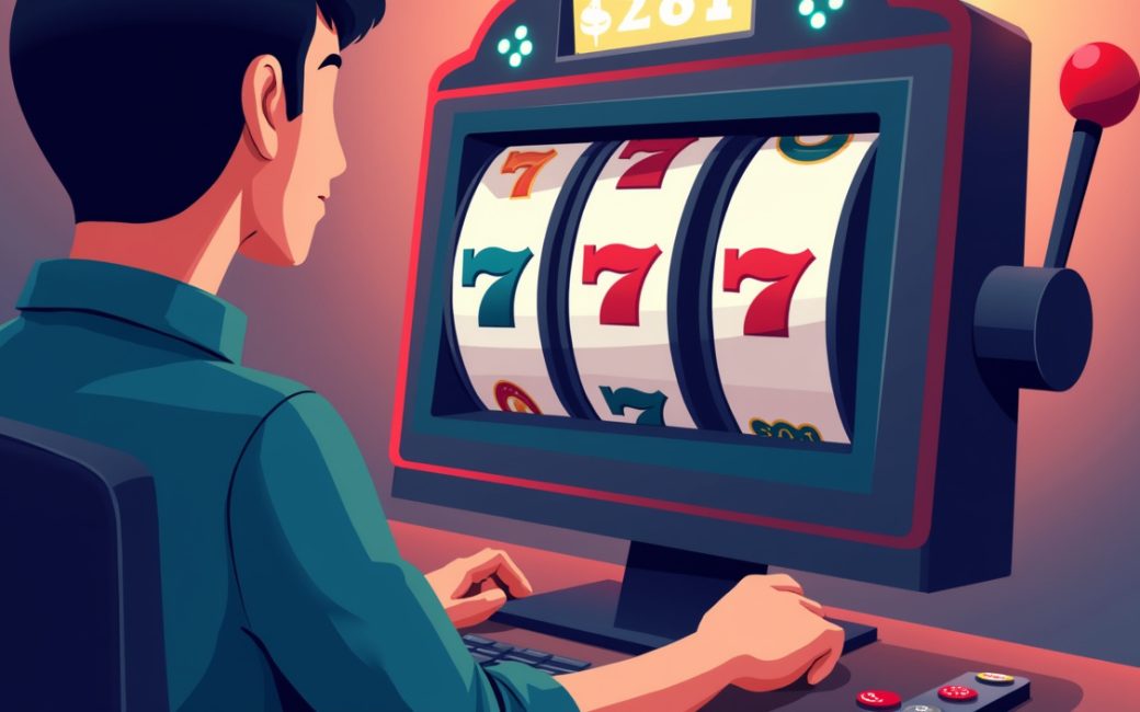 Player at computer spinning reels on an online slot game at Slots.lv casino